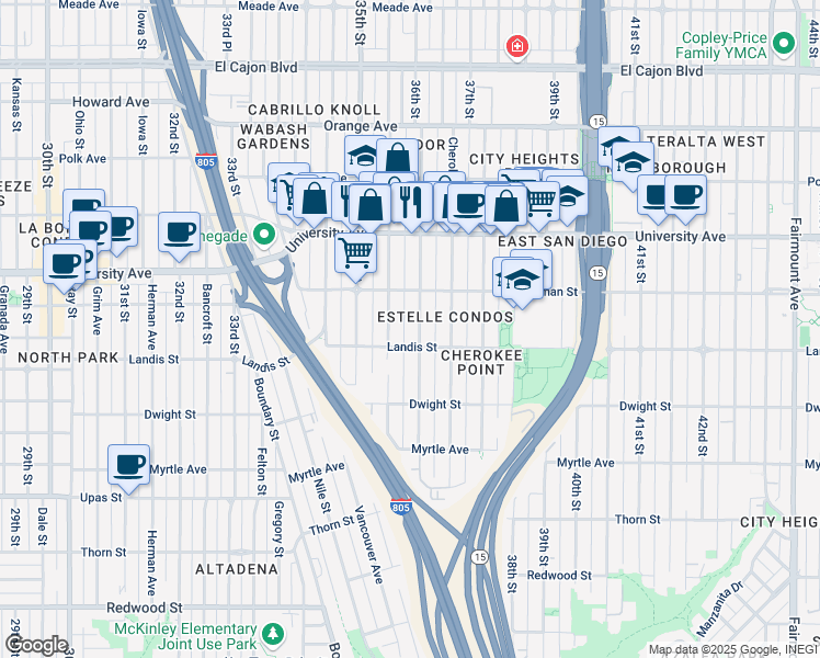 map of restaurants, bars, coffee shops, grocery stores, and more near 3723 36th Street in San Diego