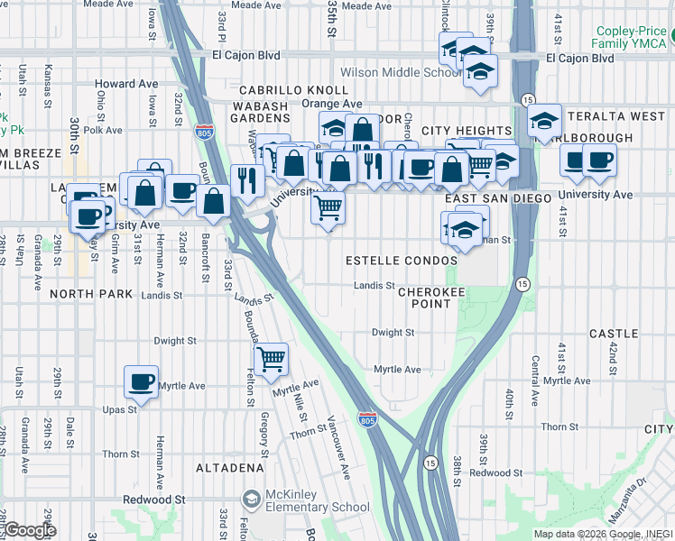 map of restaurants, bars, coffee shops, grocery stores, and more near 3722 Wilson Avenue in San Diego