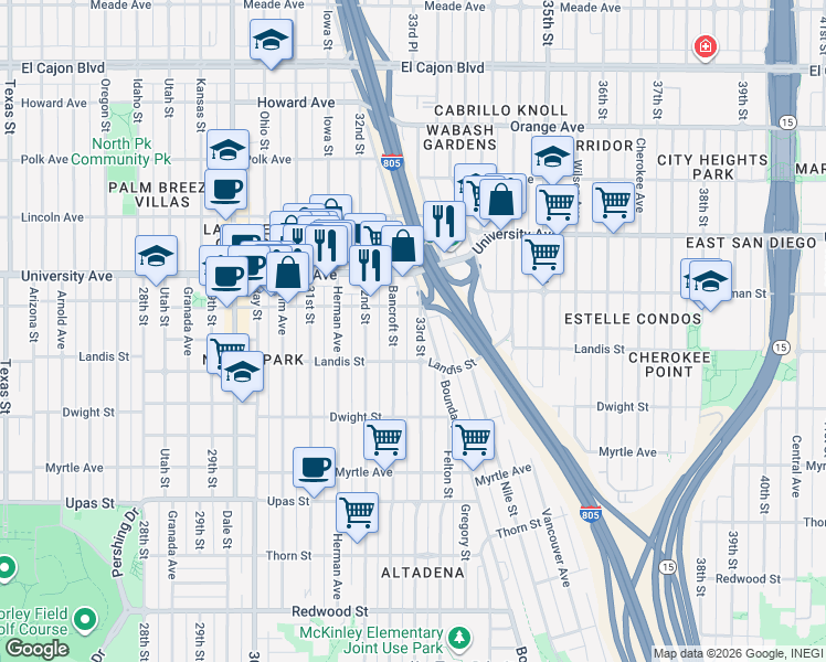 map of restaurants, bars, coffee shops, grocery stores, and more near 3752 33rd Street in San Diego