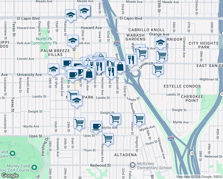 map of restaurants, bars, coffee shops, grocery stores, and more near 3747 32nd Street in San Diego