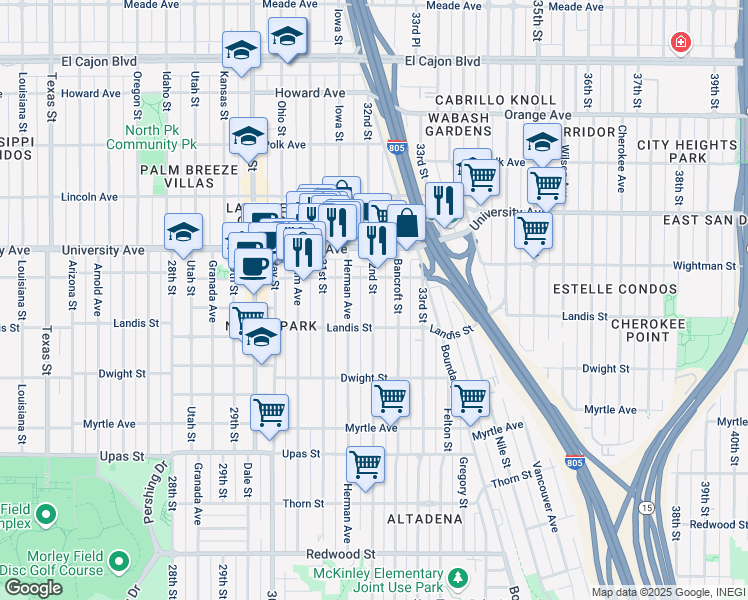 map of restaurants, bars, coffee shops, grocery stores, and more near 3747 32nd Street in San Diego