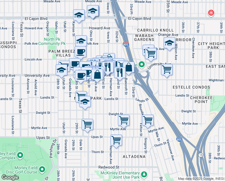 map of restaurants, bars, coffee shops, grocery stores, and more near 3743 Herman Avenue in San Diego