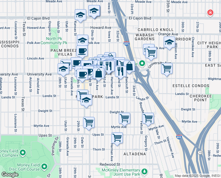 map of restaurants, bars, coffee shops, grocery stores, and more near 3743 Herman Avenue in San Diego
