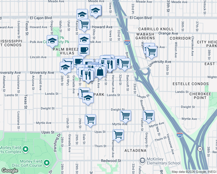 map of restaurants, bars, coffee shops, grocery stores, and more near 3746 31st Street in San Diego