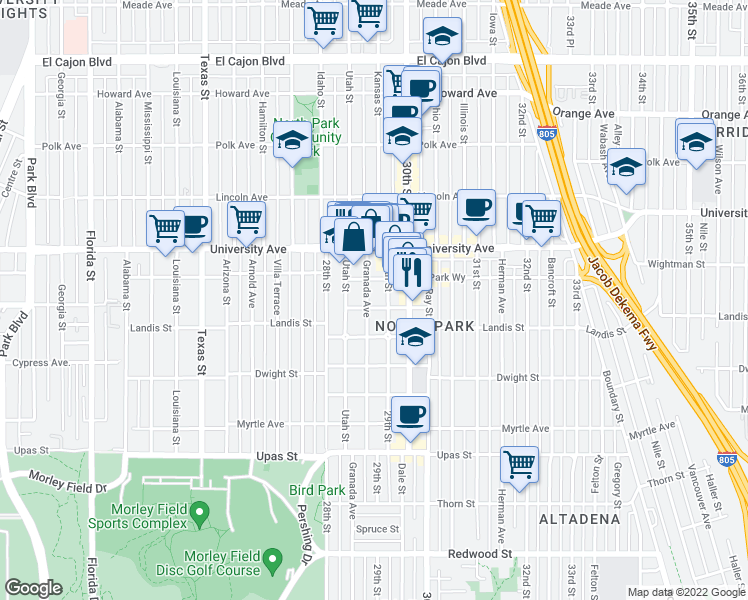 map of restaurants, bars, coffee shops, grocery stores, and more near 3752 Granada Avenue in San Diego