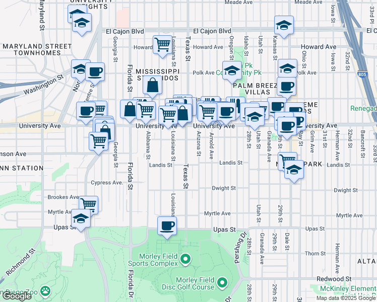 map of restaurants, bars, coffee shops, grocery stores, and more near 3741 Louisiana Street in San Diego