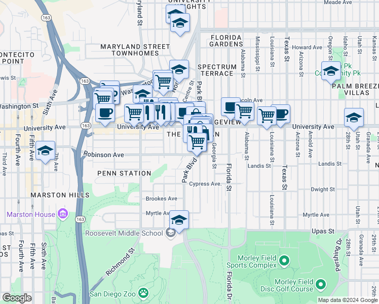 map of restaurants, bars, coffee shops, grocery stores, and more near 1762 1/2 Robinson Avenue in San Diego