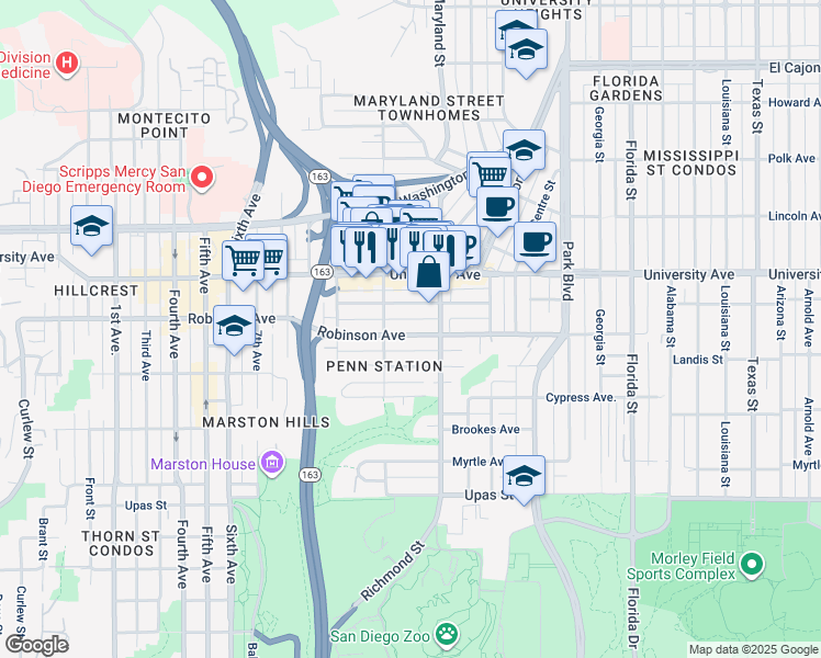 map of restaurants, bars, coffee shops, grocery stores, and more near 1214 Robinson Avenue in San Diego