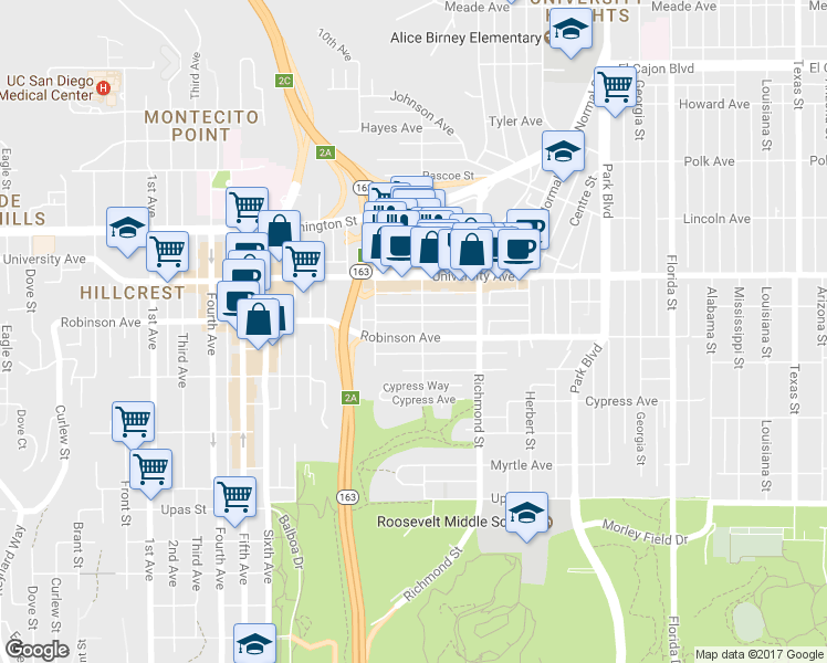map of restaurants, bars, coffee shops, grocery stores, and more near 1030 Robinson Avenue in San Diego