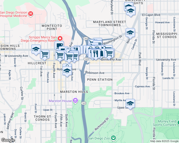 map of restaurants, bars, coffee shops, grocery stores, and more near in San Diego