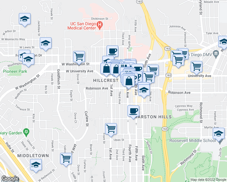 map of restaurants, bars, coffee shops, grocery stores, and more near in San Diego