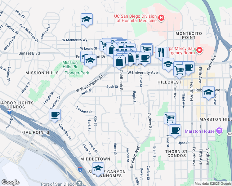map of restaurants, bars, coffee shops, grocery stores, and more near 1002 Sutter Street in San Diego