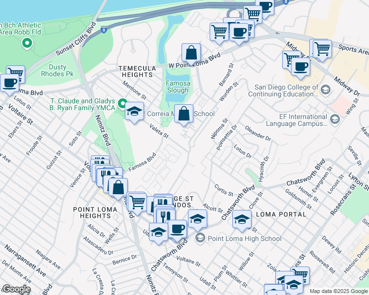 map of restaurants, bars, coffee shops, grocery stores, and more near 2478 Caminito Venido in San Diego