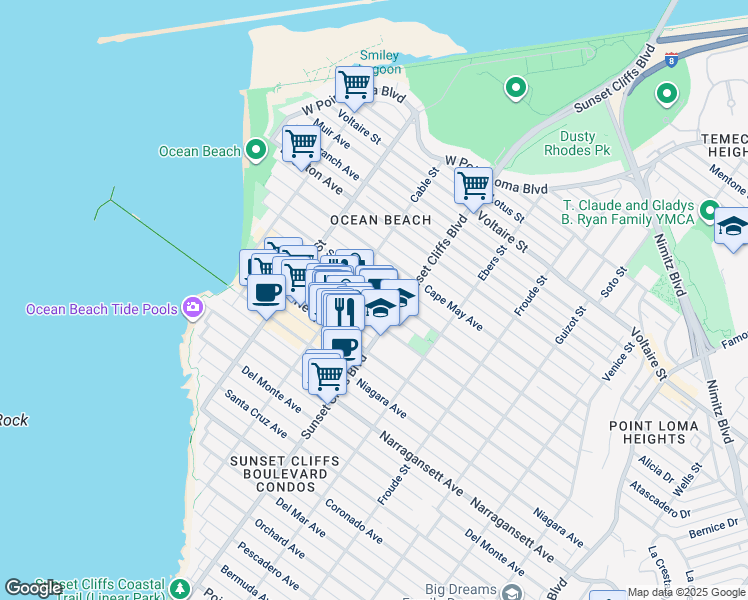 map of restaurants, bars, coffee shops, grocery stores, and more near in San Diego