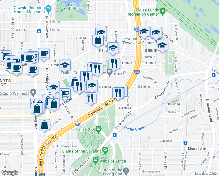 map of restaurants, bars, coffee shops, grocery stores, and more near 201 South Ewing Avenue in Dallas