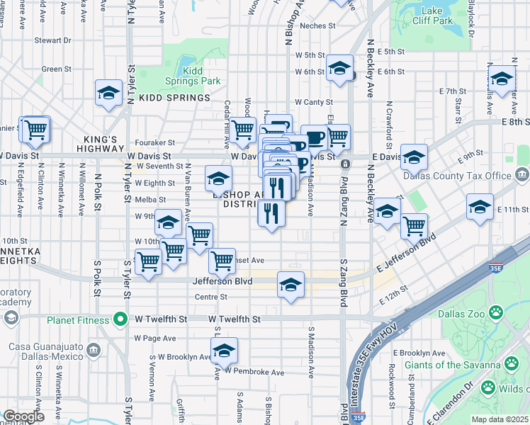 map of restaurants, bars, coffee shops, grocery stores, and more near 425 West 9th Street in Dallas