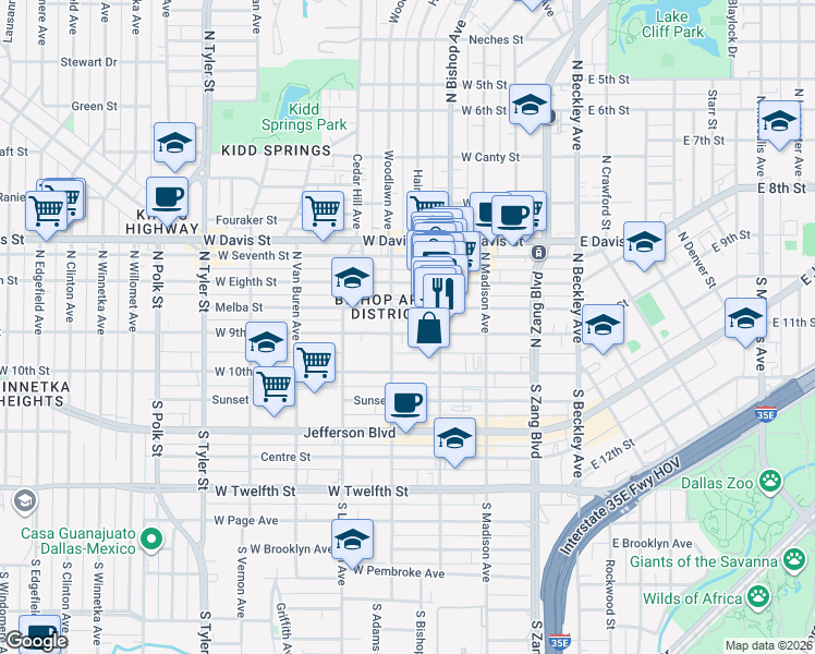 map of restaurants, bars, coffee shops, grocery stores, and more near 425 West 9th Street in Dallas