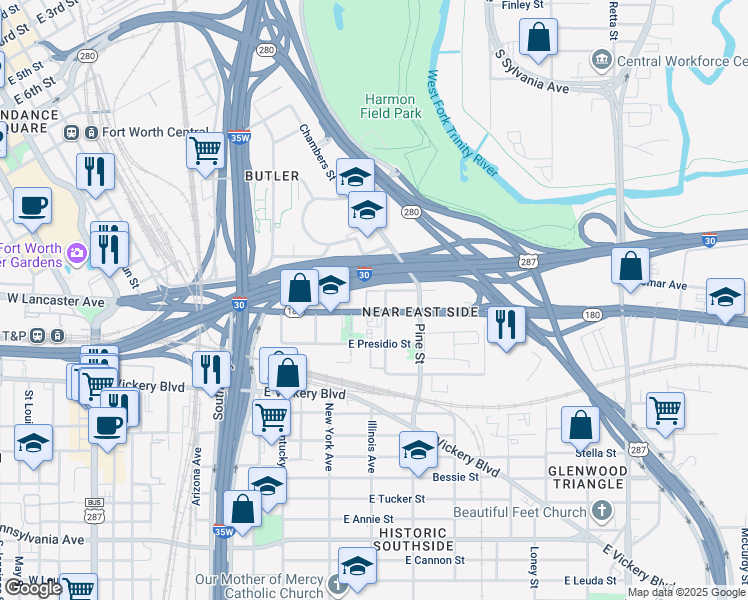 map of restaurants, bars, coffee shops, grocery stores, and more near 1405 East Lancaster Avenue in Fort Worth