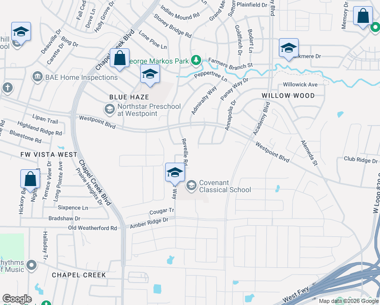 map of restaurants, bars, coffee shops, grocery stores, and more near 1300 Wind Star Way in Fort Worth