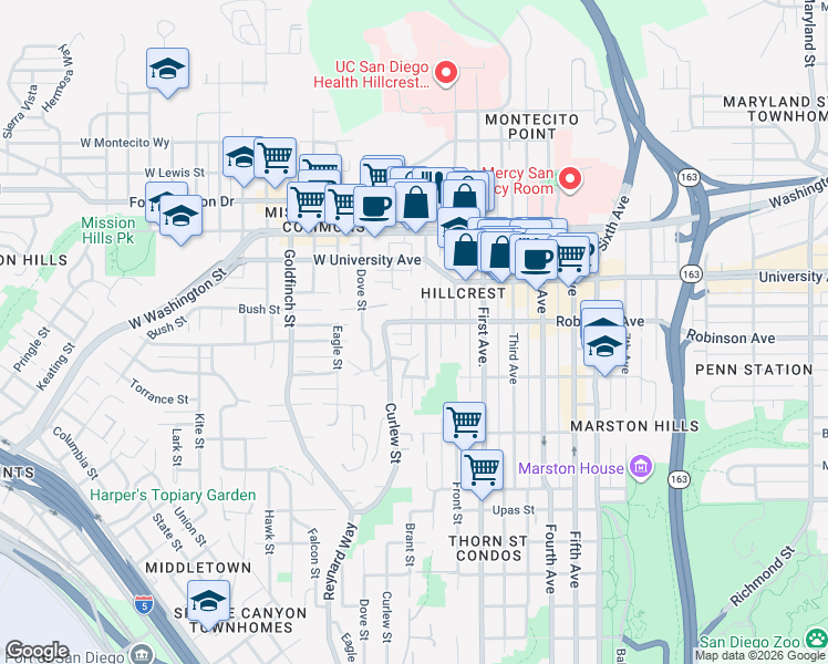 map of restaurants, bars, coffee shops, grocery stores, and more near 3781 Brant Street in San Diego