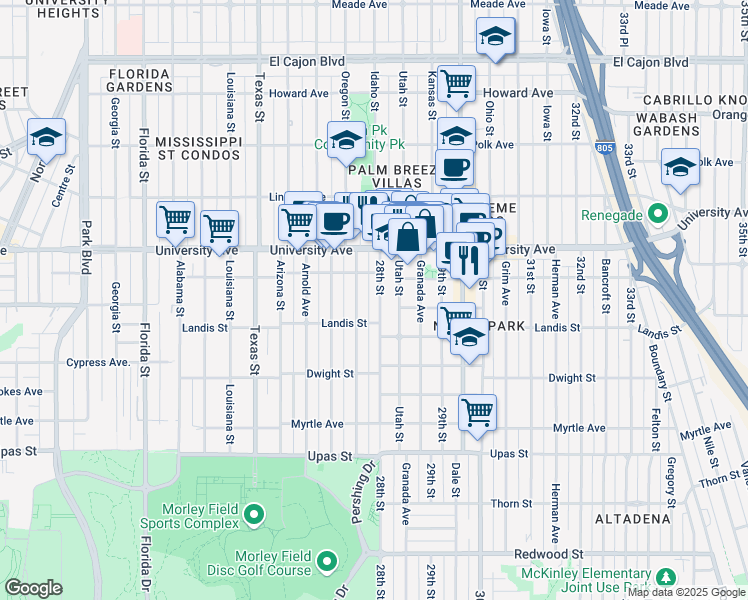 map of restaurants, bars, coffee shops, grocery stores, and more near 3750 28th Street in San Diego