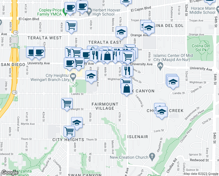 map of restaurants, bars, coffee shops, grocery stores, and more near 3740 Menlo Avenue in San Diego