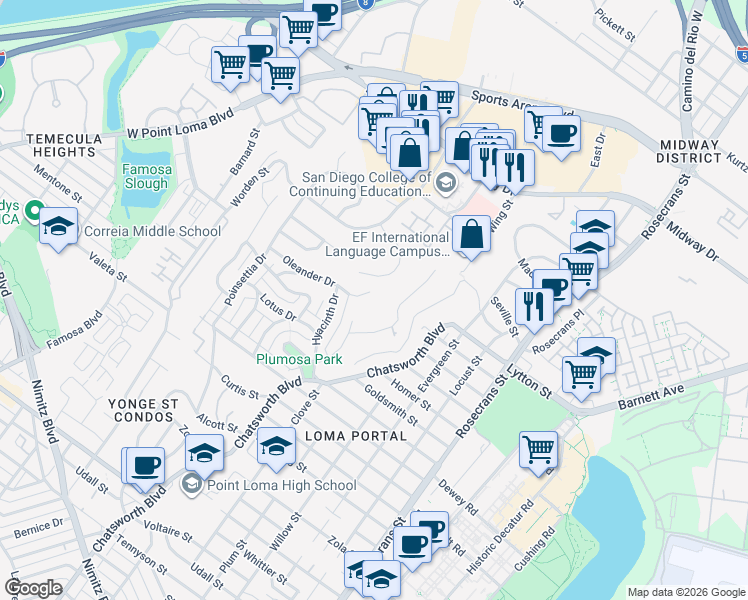 map of restaurants, bars, coffee shops, grocery stores, and more near 3607 Oleander Drive in San Diego