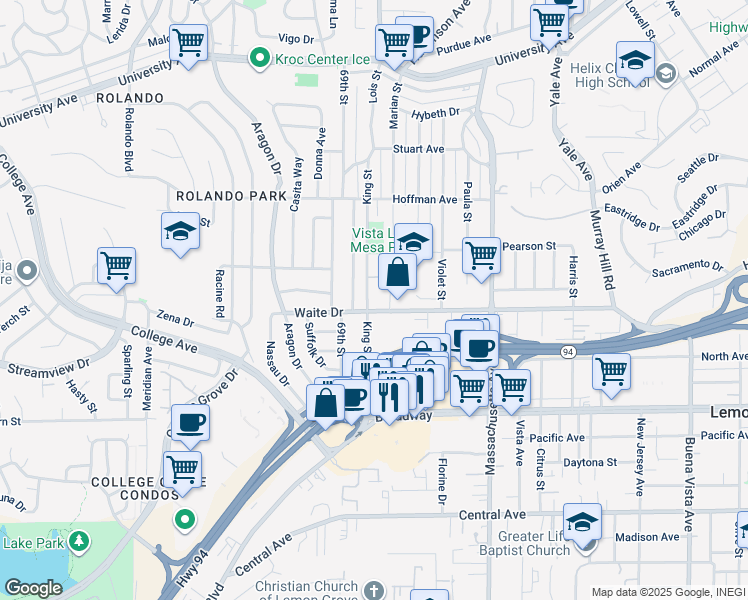 map of restaurants, bars, coffee shops, grocery stores, and more near 3815 King Street in La Mesa