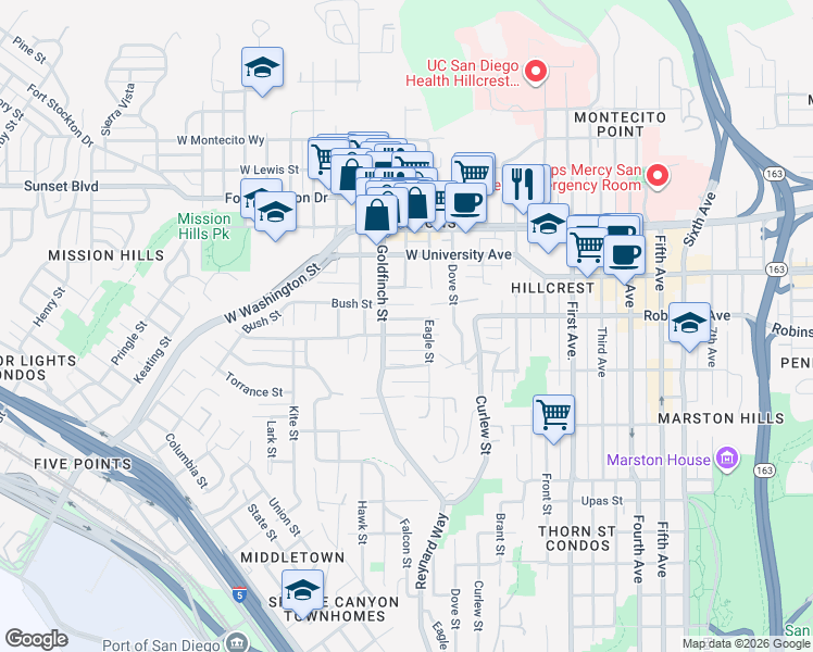 map of restaurants, bars, coffee shops, grocery stores, and more near 802 Sutter Street in San Diego