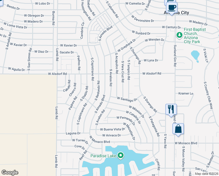 map of restaurants, bars, coffee shops, grocery stores, and more near 14695 South Amado Boulevard in Arizona City