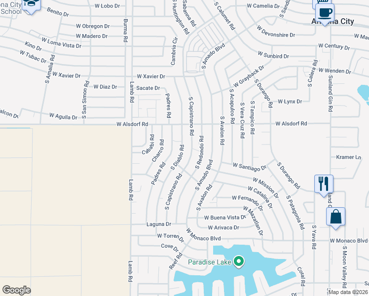 map of restaurants, bars, coffee shops, grocery stores, and more near 14673 South Diablo Road in Arizona City