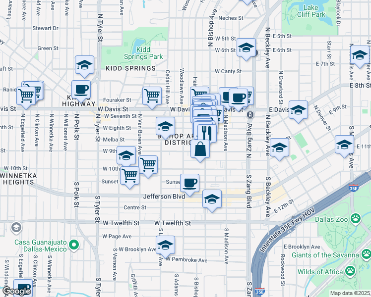map of restaurants, bars, coffee shops, grocery stores, and more near 425 West 9th Street in Dallas