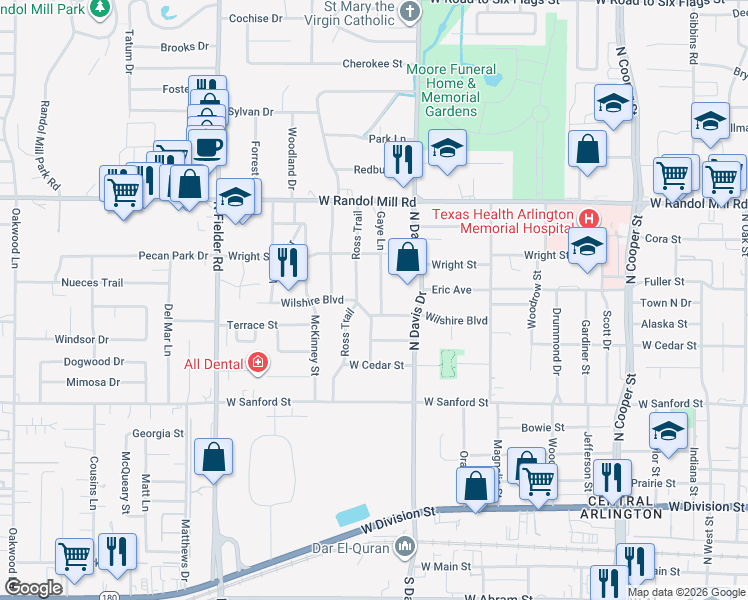 map of restaurants, bars, coffee shops, grocery stores, and more near 900 Gaye Lane in Arlington
