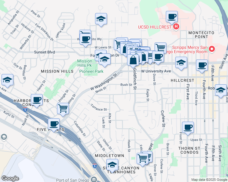 map of restaurants, bars, coffee shops, grocery stores, and more near 3756 Pioneer Place in San Diego