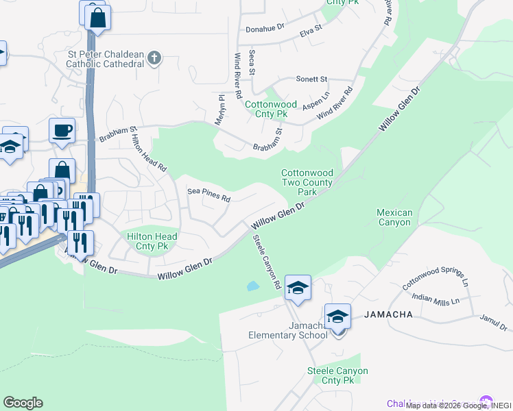 map of restaurants, bars, coffee shops, grocery stores, and more near 2597 Sawgrass Street in El Cajon
