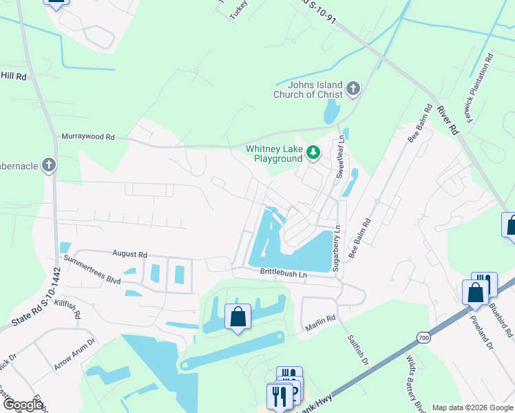 map of restaurants, bars, coffee shops, grocery stores, and more near 1601 Valley Oak Road in Johns Island