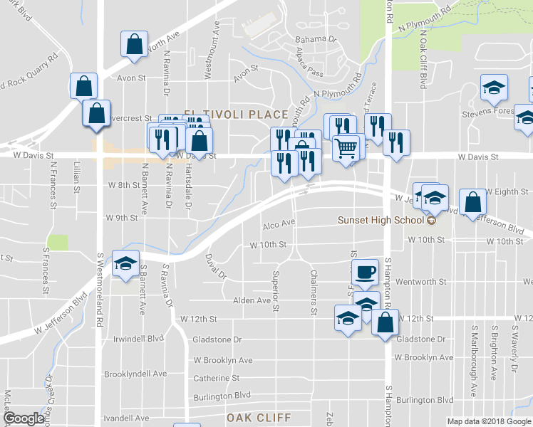 map of restaurants, bars, coffee shops, grocery stores, and more near 2736 West Jefferson Boulevard in Dallas