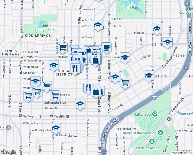map of restaurants, bars, coffee shops, grocery stores, and more near 205 West 9th Street in Dallas