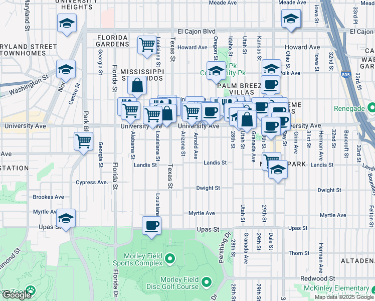 map of restaurants, bars, coffee shops, grocery stores, and more near 3745 Arizona Street in San Diego