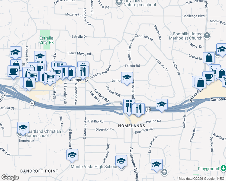 map of restaurants, bars, coffee shops, grocery stores, and more near 10190 Madrid Way in Spring Valley