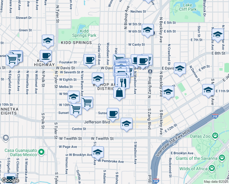 map of restaurants, bars, coffee shops, grocery stores, and more near 425 West 9th Street in Dallas