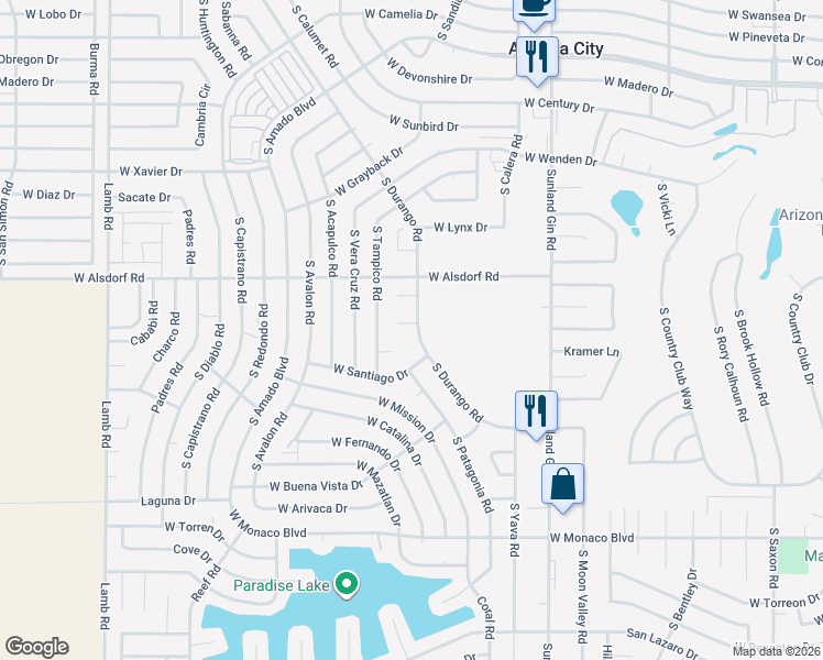 map of restaurants, bars, coffee shops, grocery stores, and more near 10139 West Durango Place in Arizona City
