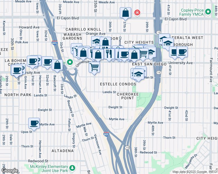 map of restaurants, bars, coffee shops, grocery stores, and more near 3723 36th Street in San Diego