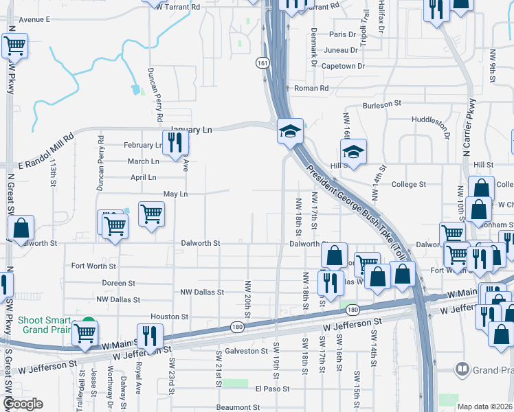 map of restaurants, bars, coffee shops, grocery stores, and more near 438 Northwest 20th Street in Grand Prairie