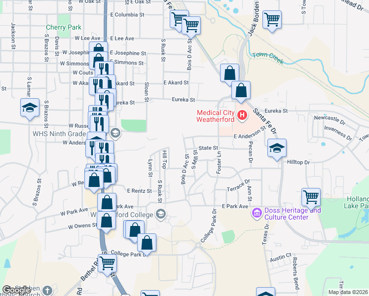 map of restaurants, bars, coffee shops, grocery stores, and more near 1108 Bois D Arc Street in Weatherford