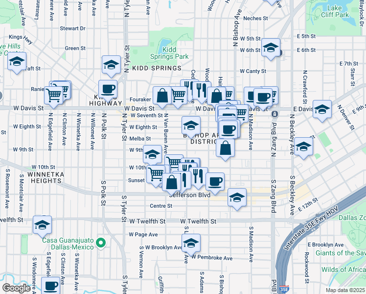 map of restaurants, bars, coffee shops, grocery stores, and more near 607 W 9th St in Dallas
