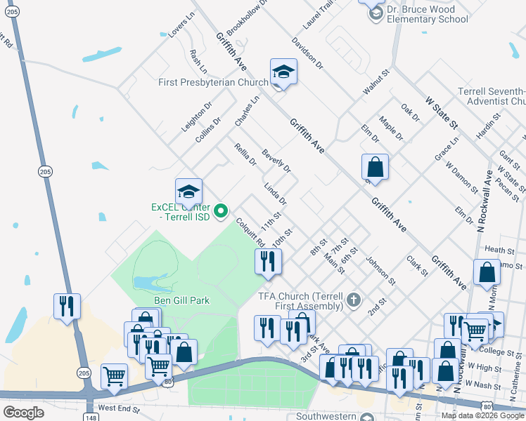 map of restaurants, bars, coffee shops, grocery stores, and more near 130 Westway Drive in Terrell