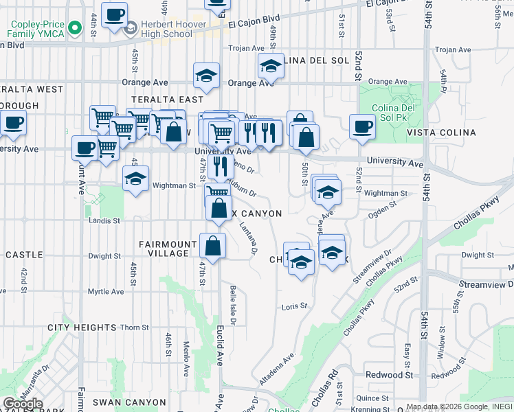 map of restaurants, bars, coffee shops, grocery stores, and more near 4834 Wightman Street in San Diego