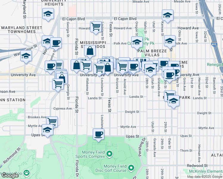 map of restaurants, bars, coffee shops, grocery stores, and more near 3741 Louisiana Street in San Diego