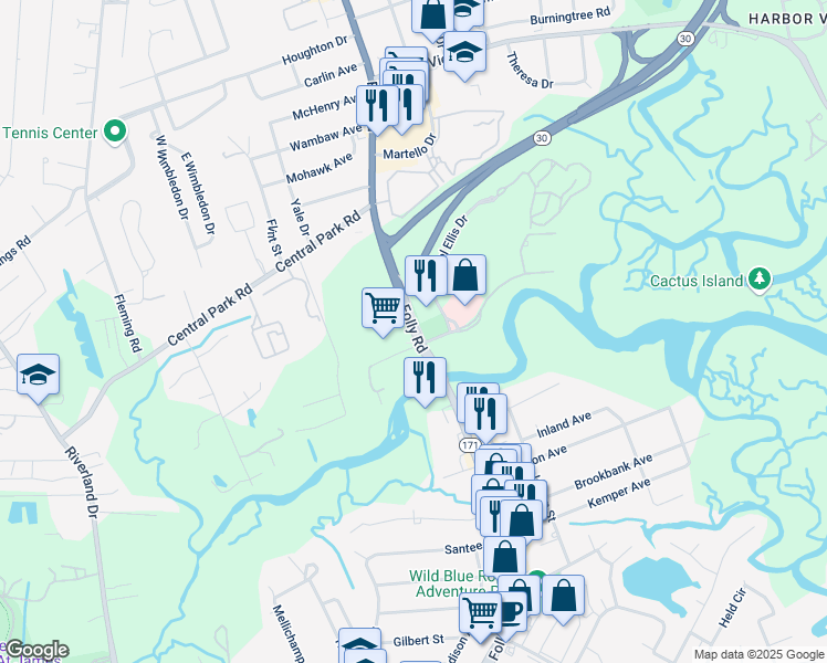 map of restaurants, bars, coffee shops, grocery stores, and more near 675 Folly Road in Charleston